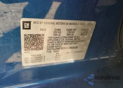 2018 GMC Sierra K1500 Slt z USA, uszkodzony, nr VIN 3GTU2NER3JG383526